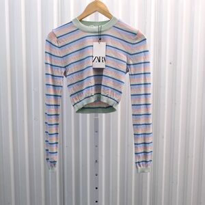 NWT Zara Striped Cropped Sweater Womens Small Multicolor Long Sleeve Knit